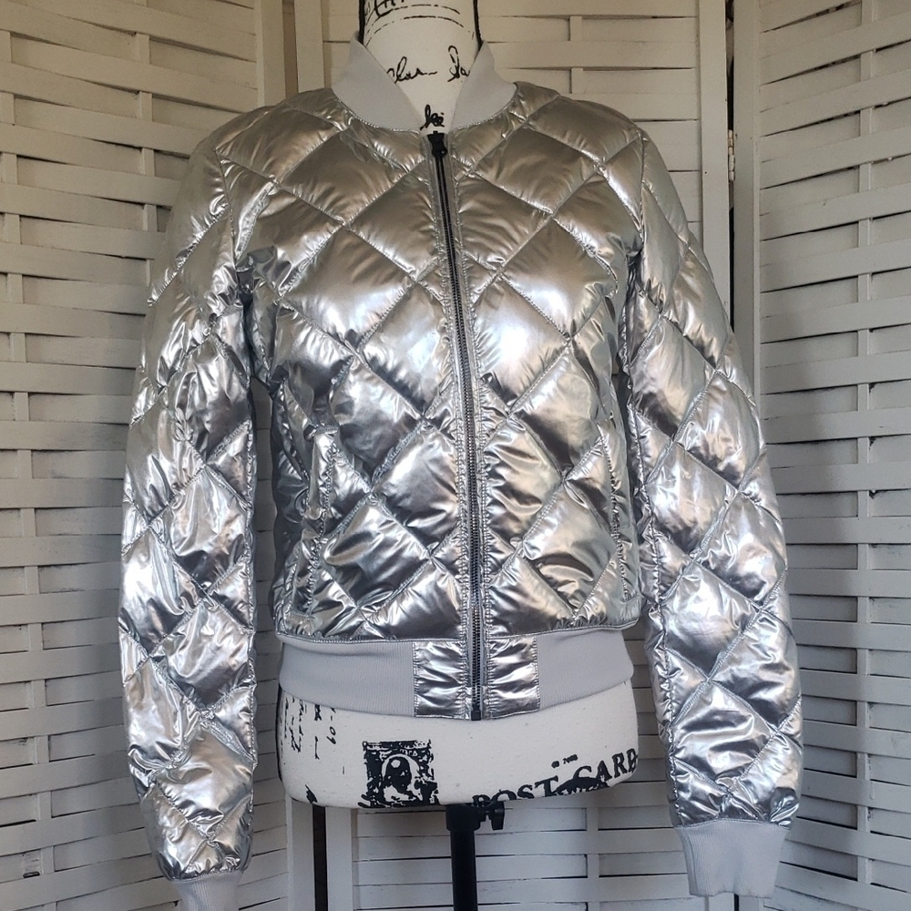 Alo Silver Quilted Bomber Jacket Women